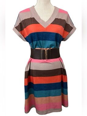 Striped V-Neck Belted Dress - Pink, Blue, Coral, Brown, and Orange